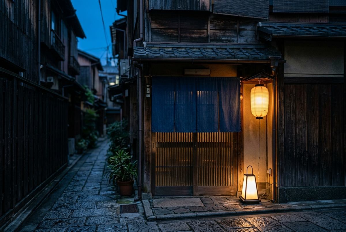 夕暮れの路地に下がる藍色の暖簾と行灯