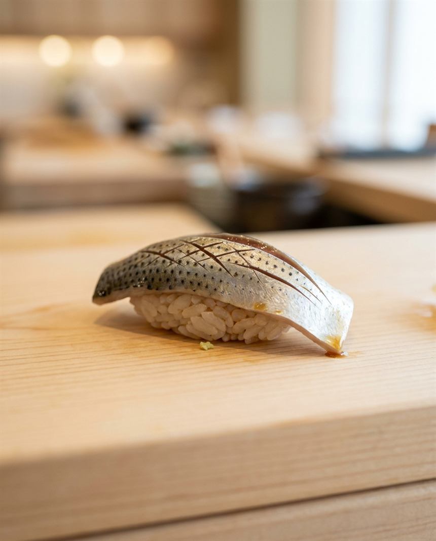 飾り包丁を入れた小肌の握り