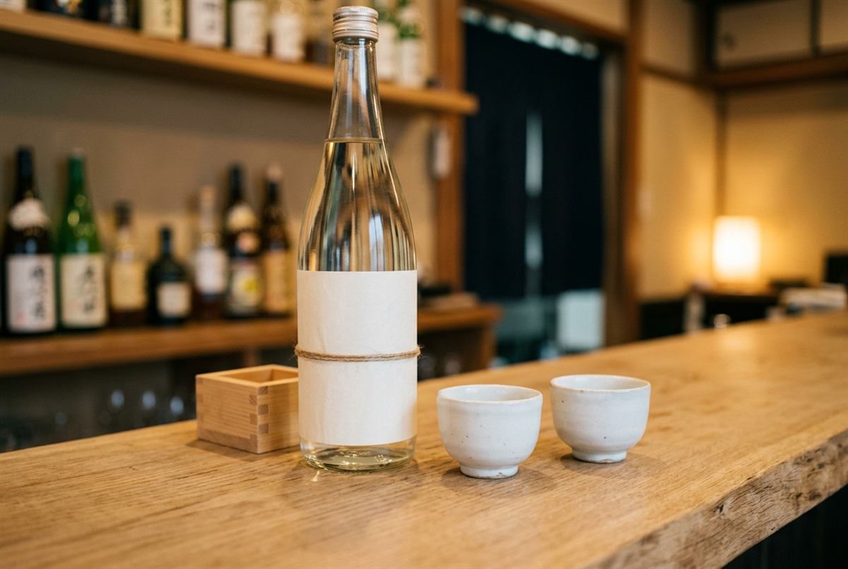 白木のカウンターに置かれた日本酒の瓶とぐい呑み