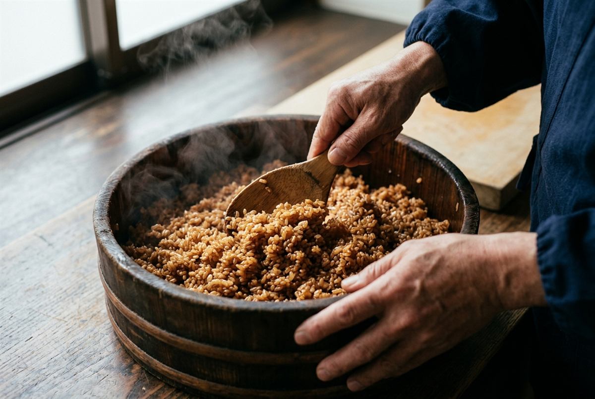 飯台のなかで赤酢のシャリを木しゃもじで切る手元