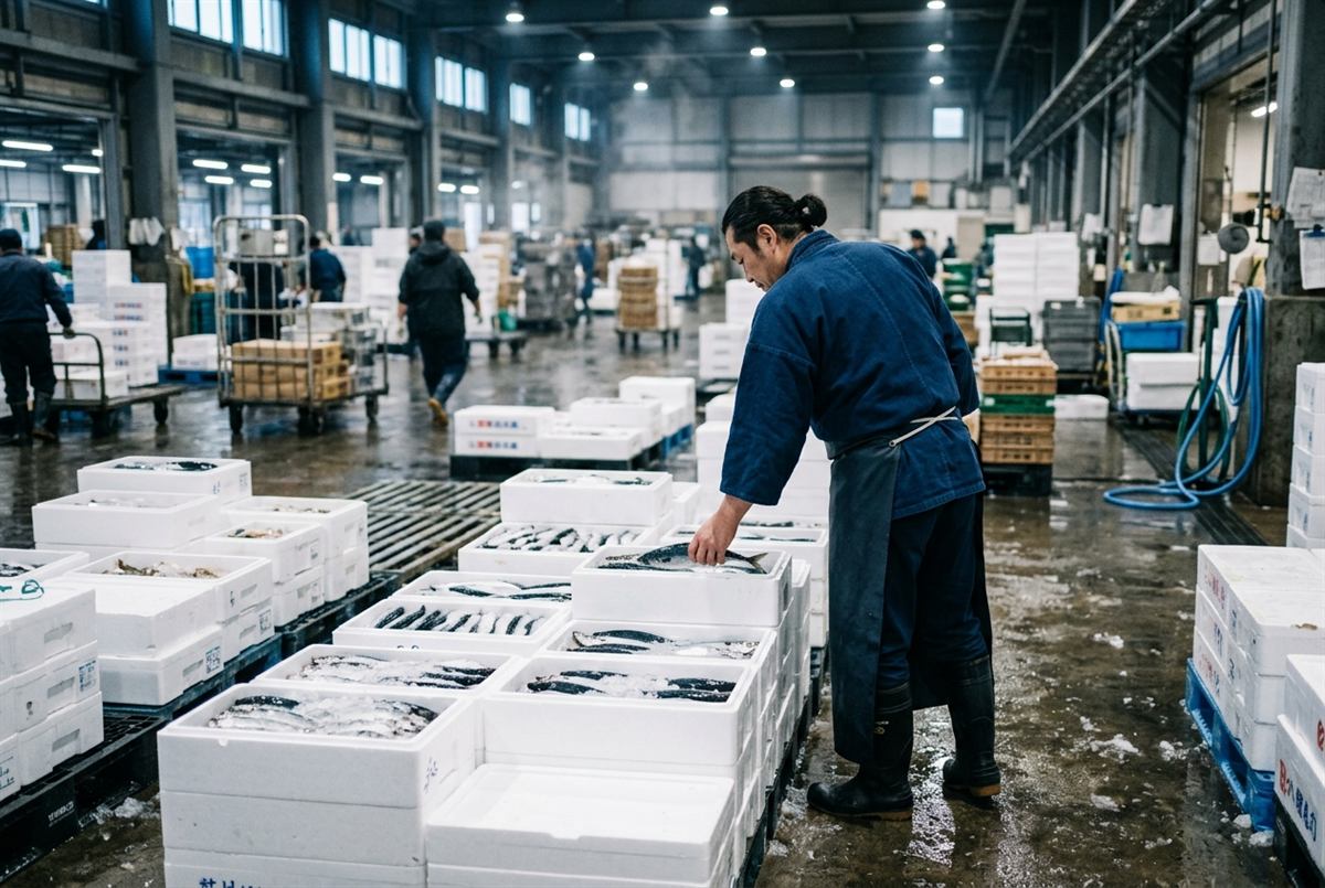 早朝の魚市場で光り物を選ぶ職人の後ろ姿